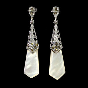 925 Sterling Silver Earrings Fancy Mother Of Pearl Marcasite Gemstone Jewelry