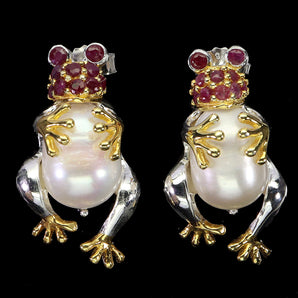 925 Sterling Silver Earrings Round Ruby Myanmar Pearl Frog Gemstone Jewelry