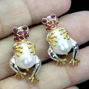 925 Sterling Silver Earrings Round Ruby Myanmar Pearl Frog Gemstone Jewelry