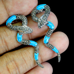 925 Sterling Silver Earrings Round Marcasite Gemstone Enamel Cobra Jewelry