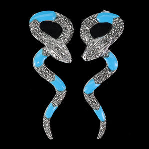 925 Sterling Silver Earrings Round Marcasite Gemstone Enamel Cobra Jewelry
