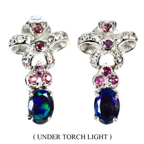 925 Sterling Silver Earrings Oval Black Opal 7x5mm White Topaz Gemstone Jewelry