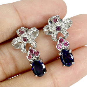 925 Sterling Silver Earrings Oval Black Opal 7x5mm White Topaz Gemstone Jewelry