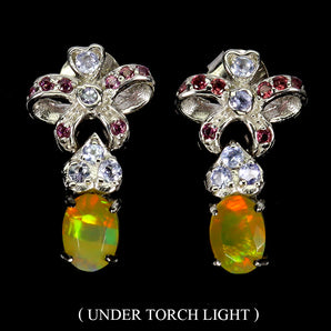 925 Sterling Silver Earrings Oval Fire Opal Rhodolite Tanzanite Gemstone Jewelry