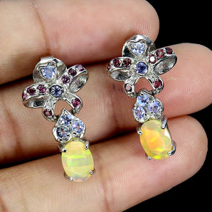 925 Sterling Silver Earrings Oval Fire Opal Rhodolite Tanzanite Gemstone Jewelry