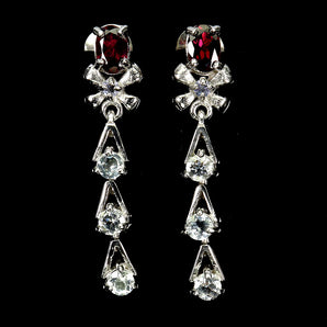 925 Sterling Silver Earrings Oval Rhodolite 6x4mm White Topaz Gemstone Jewelry