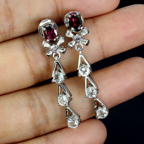 925 Sterling Silver Earrings Oval Rhodolite 6x4mm White Topaz Gemstone Jewelry