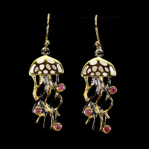 925 Sterling Silver Earrings Round Ruby Myanmar Mop Jellyfish Gemstone Jewelry