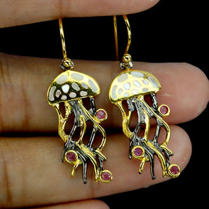 925 Sterling Silver Earrings Round Ruby Myanmar Mop Jellyfish Gemstone Jewelry