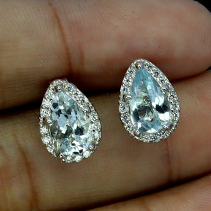 925 Sterling Silver Earrings Pear Aquamarine 7x5mm Natural Gemstone Jewelry