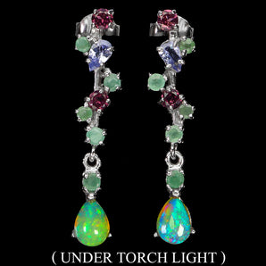 925 Sterling Silver Earrings Pear Fire Opal Emerald Tanzanite Gemstone Jewelry