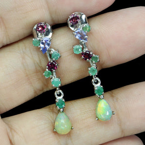 925 Sterling Silver Earrings Pear Fire Opal Emerald Tanzanite Gemstone Jewelry