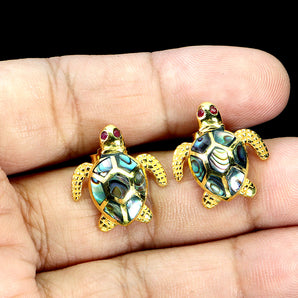 925 Sterling Silver Earrings Round Ruby Myanmar Mop Turtle Gemstone Jewelry