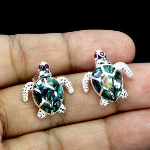 925 Sterling Silver Earrings Round Ruby Myanmar Mop Turtle Gemstone Jewelry