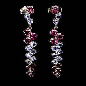 925 Sterling Silver Earrings Round Rhodolite Garnet Tanzanite Gemstone Jewelry