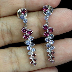 925 Sterling Silver Earrings Round Rhodolite Garnet Tanzanite Gemstone Jewelry