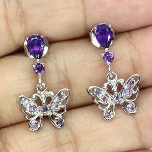 925 Sterling Silver Earrings Pear Amethyst 6x4mm Butterfly Gemstone Jewelry