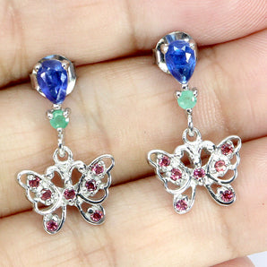 925 Sterling Silver Earrings Pear Kyanite Emerald Butterfly Gemstone Jewelry