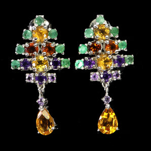 925 Sterling Silver Earrings Pear Citrine Amethyst Emerald Gemstone Jewelry