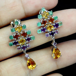 925 Sterling Silver Earrings Pear Citrine Amethyst Emerald Gemstone Jewelry