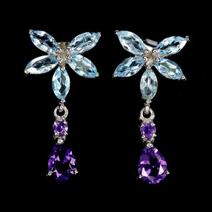 925 Sterling Silver Earrings Pear Amethyst 7x5mm Sky Blue Topaz Gemstone Jewelry