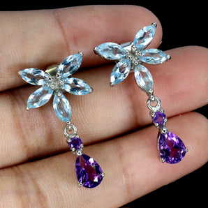 925 Sterling Silver Earrings Pear Amethyst 7x5mm Sky Blue Topaz Gemstone Jewelry