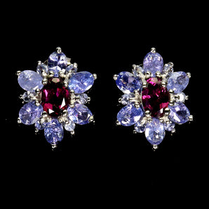 925 Sterling Silver Earrings Oval Rhodolite Garnet Tanzanite Gemstone Jewelry