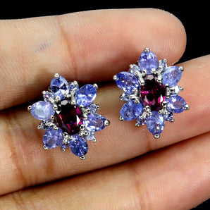 925 Sterling Silver Earrings Oval Rhodolite Garnet Tanzanite Gemstone Jewelry