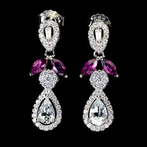 925 Sterling Silver Earrings Pear Aquamarine 6x4mm Rhodolite Gemstone Jewelry