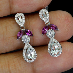 925 Sterling Silver Earrings Pear Aquamarine 6x4mm Rhodolite Gemstone Jewelry