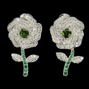 925 Sterling Silver Earrings Round Chrome Diopside 4mm Flower Gemstone Jewelry