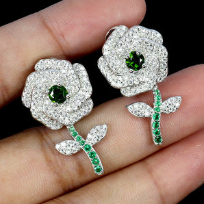 925 Sterling Silver Earrings Round Chrome Diopside 4mm Flower Gemstone Jewelry