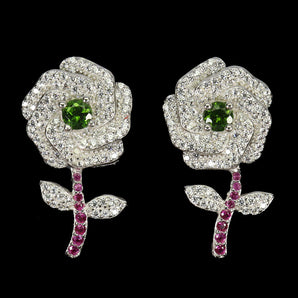 925 Sterling Silver Earrings Round Chrome Diopside 4mm Flower Gemstone Jewelry