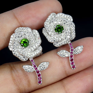 925 Sterling Silver Earrings Round Chrome Diopside 4mm Flower Gemstone Jewelry