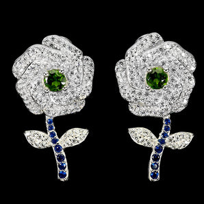 925 Sterling Silver Earrings Round Chrome Diopside 4mm Flower Gemstone Jewelry