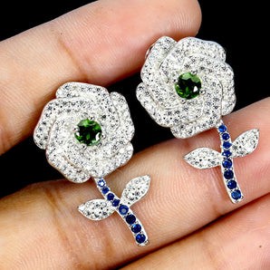 925 Sterling Silver Earrings Round Chrome Diopside 4mm Flower Gemstone Jewelry