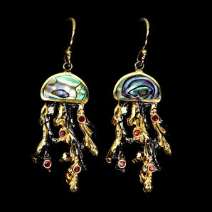 925 Sterling Silver Earrings Round Ruby Myanmar Mop Jellyfish Gemstone Jewelry