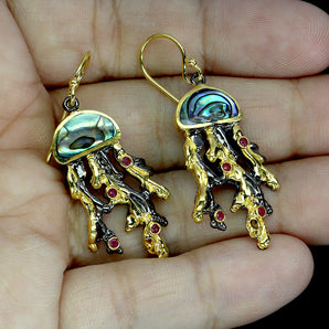 925 Sterling Silver Earrings Round Ruby Myanmar Mop Jellyfish Gemstone Jewelry