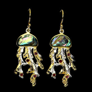 925 Sterling Silver Earrings Round Ruby Myanmar Mop Jellyfish Gemstone Jewelry