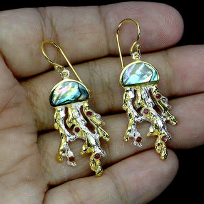 925 Sterling Silver Earrings Round Ruby Myanmar Mop Jellyfish Gemstone Jewelry