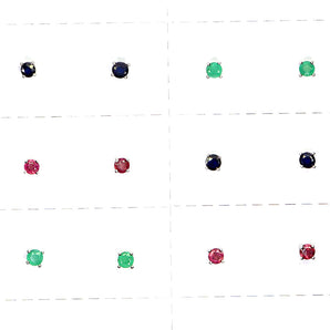 925 Sterling Silver Earrings 10 Pairs Round Emerald Ruby Sapphire Gemstone