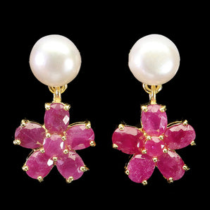 925 Sterling Silver Earrings Oval Ruby 5x4mm Pearl Natural Gemstone Jewelry