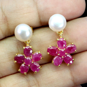 925 Sterling Silver Earrings Oval Ruby 5x4mm Pearl Natural Gemstone Jewelry