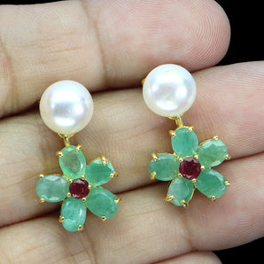 925 Sterling Silver Earrings Oval Emerald 5x4mm Ruby Pearl Gemstone Jewelry