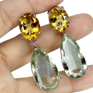925 Sterling Silver Earrings Pear Green Amethyst 68ct Citrine Handmade Gemstone