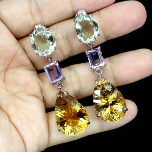 925 Sterling Silver Earrings Pear Citrine 50ct Amethyst Handmade Gemstone