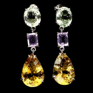 925 Sterling Silver Earrings Pear Citrine 50ct Amethyst Handmade Gemstone
