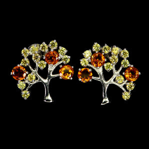 925 Sterling Silver Earrings Round Citrine 4mm Sapphire Tree Gemstone Jewelry