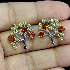 925 Sterling Silver Earrings Round Citrine 4mm Sapphire Tree Gemstone Jewelry