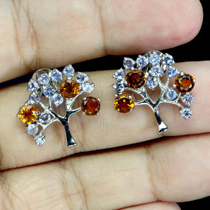 925 Sterling Silver Earrings Round Citrine 4mm Tanzanite Tree Gemstone Jewelry